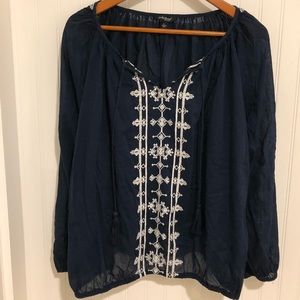 Lucky Brand blue white boho emb Top L